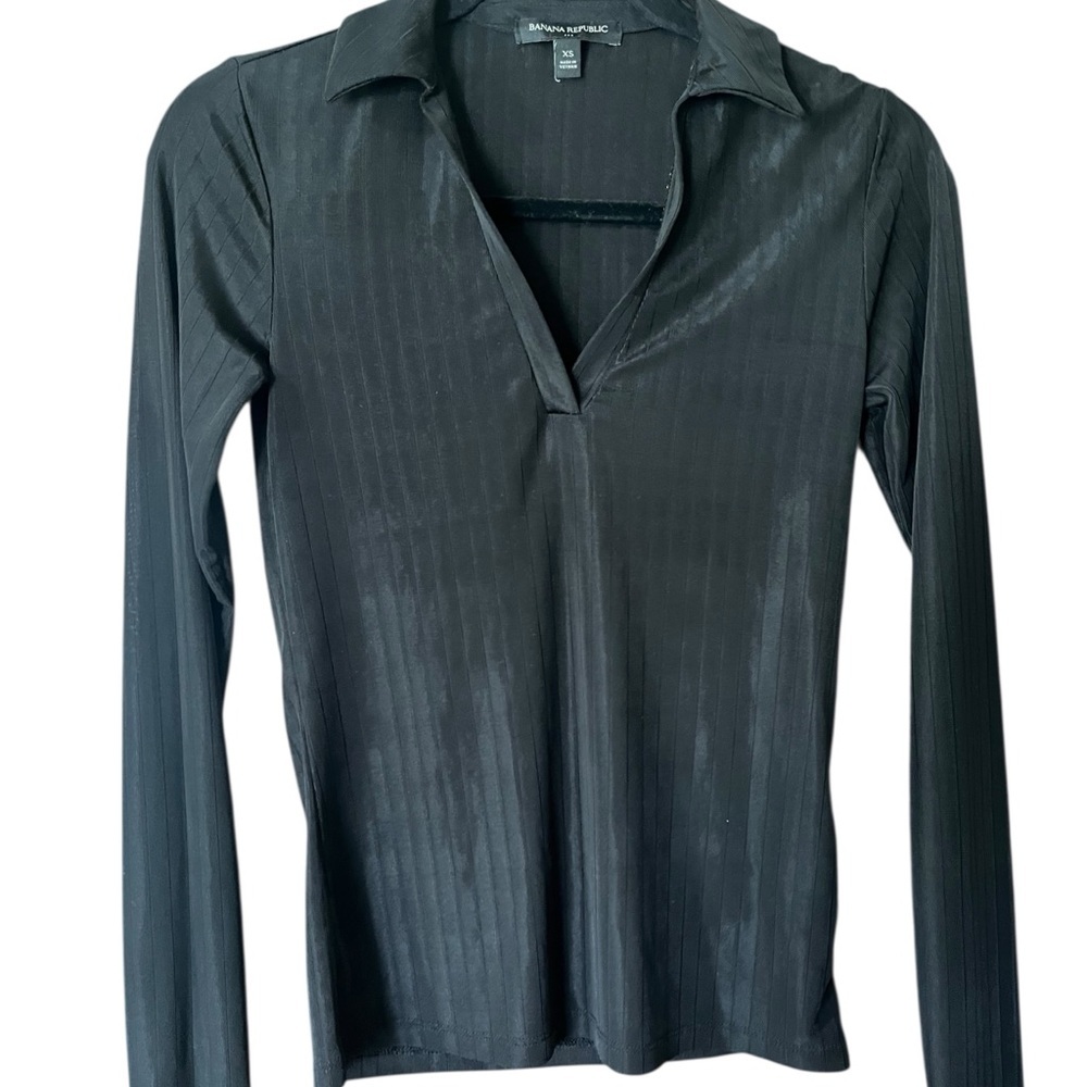 Banana Republic Black Satin Ribbed Fitted‎ Polo Size XS - Picture 2 of 4